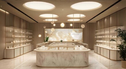 Poster - Elegant interior of a modern retail space showcasing skincare products.