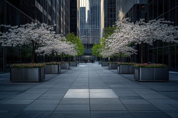 Poster - A serene urban plaza featuring flowering trees and planters amidst modern glass buildings.