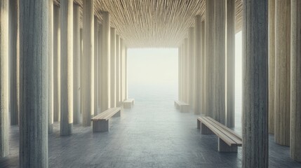 Fototapete - A serene architectural space with wooden benches and tall pillars, creating a tranquil atmosphere.