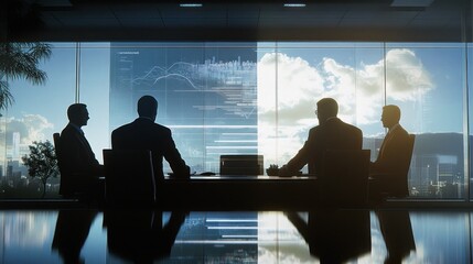Poster - Silhouetted figures in a corporate meeting with a cityscape backdrop.