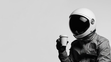 Poster - An astronaut in a spacesuit holding a coffee cup against a minimalist background.
