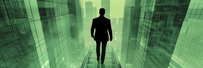 Poster - A silhouetted figure walking through a futuristic, green-toned urban landscape.