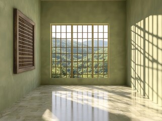 Poster - A serene interior with a large window showcasing lush green hills and soft light.
