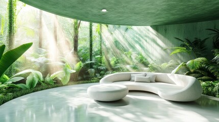 Poster - A serene indoor space surrounded by lush greenery and natural light.