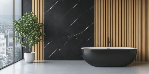 Aufkleber - Modern bathroom with a freestanding tub, wooden accents, and a city view.