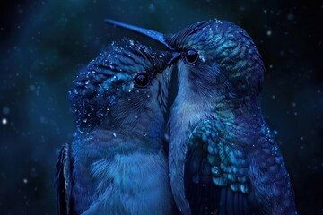Poster - Two hummingbirds in a tender moment, surrounded by a serene, dark atmosphere.