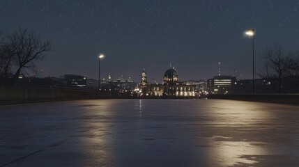 Poster - A serene night scene of a city skyline with illuminated buildings and a reflective surface.