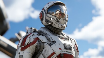 Poster - A futuristic astronaut in a high-tech suit against a blue sky background.