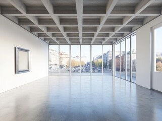 Leinwandbilder - A modern gallery space with large windows overlooking a cityscape.