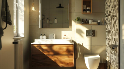 Wall Mural - Modern bathroom design with warm wood accents, soft natural lighting, and sleek fixtures