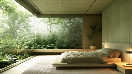 Poster - A serene bedroom with large windows overlooking a lush, green landscape.