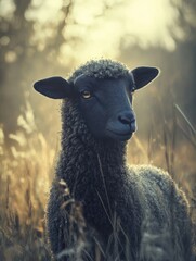 Poster - A close-up of a black sheep in a sunlit grassy field, showcasing its wool and serene expression.
