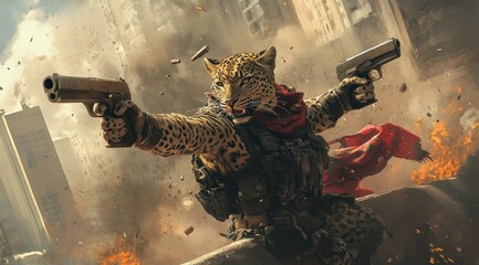 Poster - A stylized anthropomorphic leopard wielding guns in an explosive urban setting.