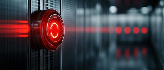 Poster - A high-tech corridor features a glowing red button, surrounded by sleek metallic surfaces and illuminated lines, suggesting a futuristic environment.