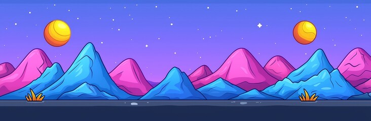 Wall Mural - This cartoon illustration depicts a landscape on an alien planet with rocky surfaces and lakes. There are stars shining in the night sky, puddles of water in the desert on Mars, and stars in the sky