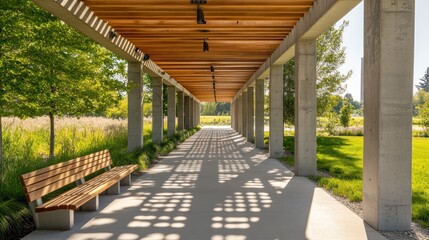 Poster - A serene walkway with a wooden bench and shaded patterns, surrounded by greenery.