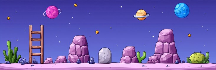 Wall Mural - Landscape of rocky planet with lake and puddles, with stars in the night sky, water puddles in the mars desert, and cosmic background.