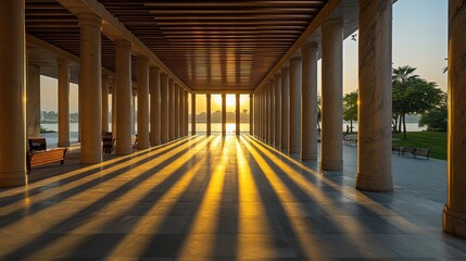 Poster - A serene corridor with columns, capturing golden sunlight and shadows at sunrise by the water.