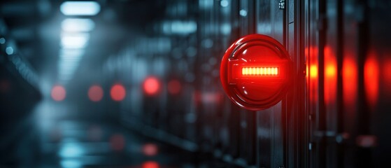 Poster - A futuristic corridor featuring illuminated red sensors against metallic walls, creating an ominous and high-tech atmosphere.