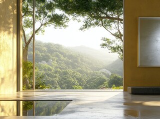 Poster - A serene interior space with a view of lush green mountains and trees.