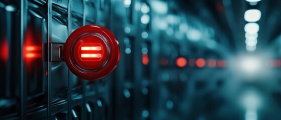 Poster - A close-up of a glowing red indicator light in a high-tech environment, emphasizing a futuristic data storage setting.