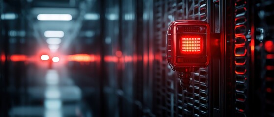 Poster - A dimly lit server room featuring illuminated red lights, highlighting rows of servers and creating a technological ambiance.