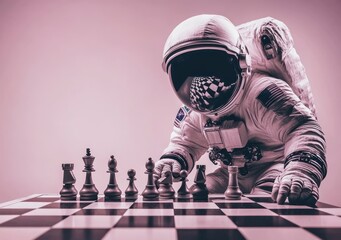 Aufkleber - An astronaut plays chess on a checkered board, reflecting a surreal blend of science and leisure.