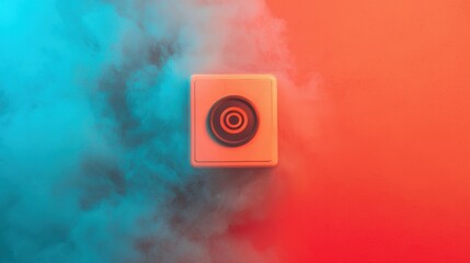 Poster - A stylish square device surrounded by colorful smoke, blending blue and orange hues, creating a vibrant and modern aesthetic.