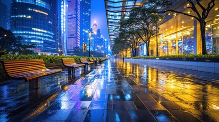 Poster - A vibrant urban scene at night, showcasing wet pavements and illuminated buildings.