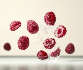 Poster - Floating raspberries splashing in water, creating a dynamic and refreshing visual.