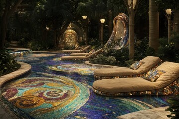 Poster - Serene mosaic pool area with lounge chairs surrounded by lush greenery.