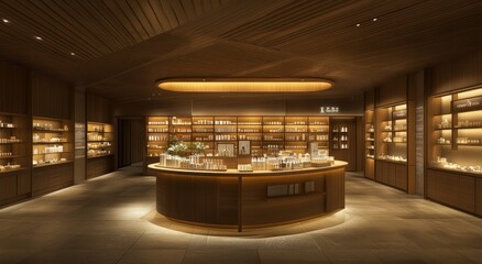Aufkleber - A warm, inviting interior of a modern retail space with product displays.