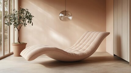 Poster - A modern lounge chair in a minimalist interior with natural light and a potted plant.