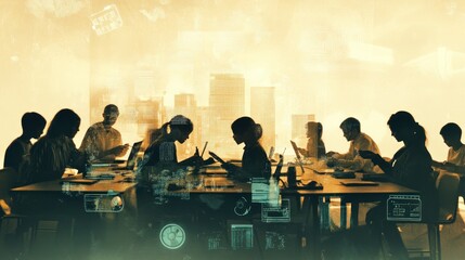 Poster - A group of people engaged in a collaborative work environment, using digital devices.