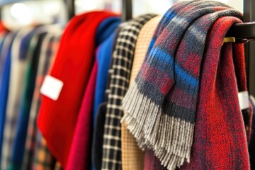 Poster - A display of colorful scarves hanging on a rack, showcasing various textures and patterns.