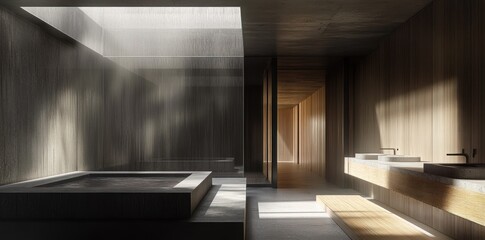 Poster - A serene, modern bathroom featuring a soaking tub and minimalist design elements.