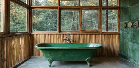Poster - A vintage green bathtub in a rustic, nature-inspired space with large windows.
