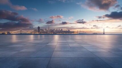 Poster - A serene urban landscape at dusk, showcasing a city skyline and tranquil waterfront.