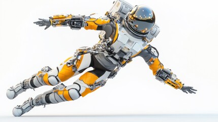 Fototapete - A futuristic astronaut in a sleek orange and gray suit, simulating zero-gravity movement.
