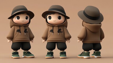 Poster - A 3D character model of a child in casual streetwear with a hat and sneakers.