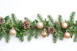© Apisit - Selective focus christmas wreath with fir tree leaf and pine cone isolated on white background, Christmas decrative garland with baubles and pine cone on white.