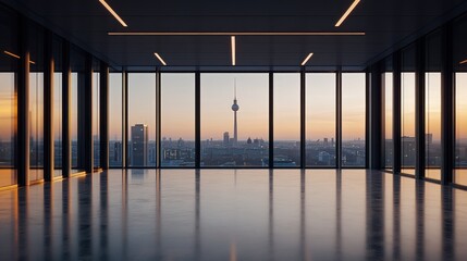 Aufkleber - Modern office space with a view of a city skyline at sunset.