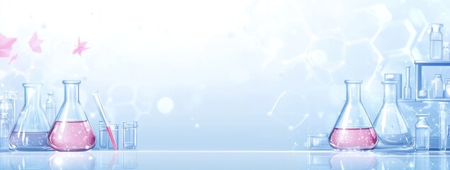 Aufkleber - A serene laboratory scene with glassware and colorful liquids, suggesting scientific exploration.