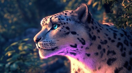 Poster - A close-up of a majestic leopard with striking blue eyes amidst a lush, vibrant environment.