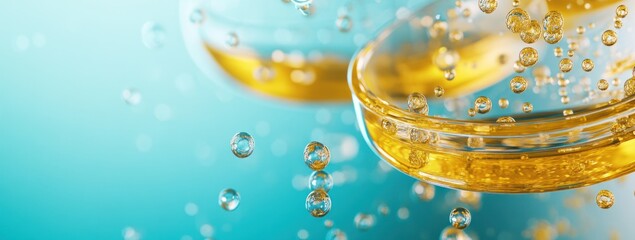 Aufkleber - A close-up of petri dishes with golden liquid and bubbles, suggesting scientific experimentation.