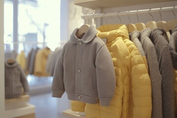 Poster - A display of children's clothing featuring a gray jacket and yellow puffer jackets.