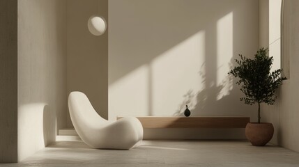 Aufkleber - A serene interior space featuring a unique chair, a plant, and soft natural lighting.