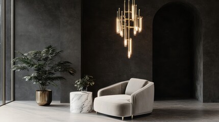 Aufkleber - A modern interior featuring a stylish chair, decorative plant, and elegant chandelier.
