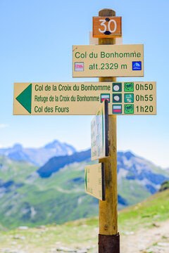 The Col du Bonhomme signpost, altitude 2329m above sea level. Part of the Tour du mont blanc challenge. 