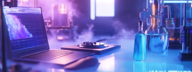 Poster - A futuristic workspace with a laptop, laboratory glassware, and vapor effects.